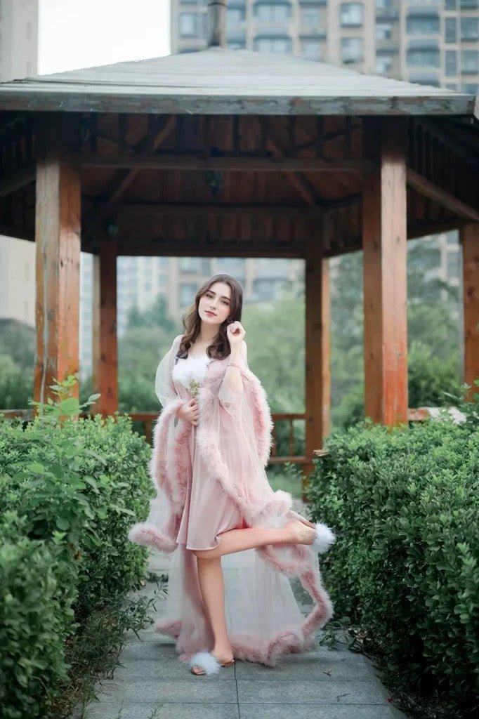 Elegant 1-Layer Thick Turkey Feather Fringe Hem Long Tulle Robe with Nightgown - Luzilly Bridal & Apparel