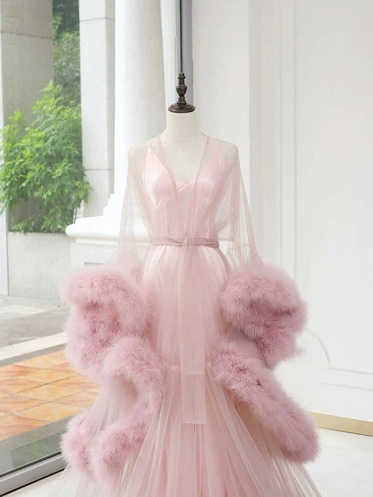 Elegant 1-Layer Thick Turkey Feather Fringe Hem Long Tulle Robe with Nightgown - Luzilly Bridal & Apparel