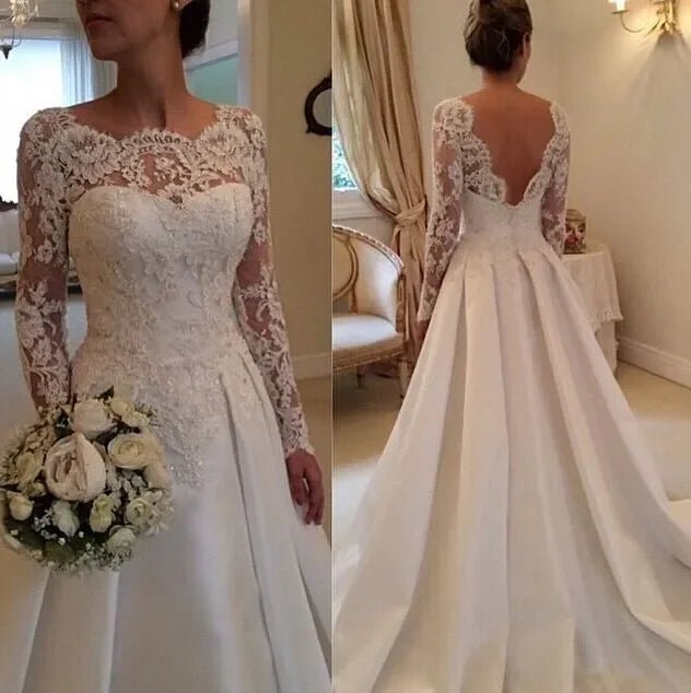 Elegant Backless Wedding Dress 2020 Vintage robe de mariée Lace Satin Long Sleeve Bride Dresses 2022 Custom Made Robe De Mariee - Luzilly Bridal & Apparel