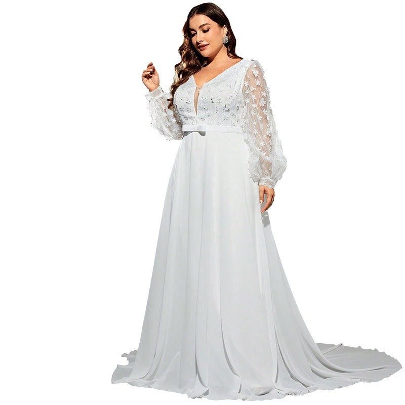 Elegant Banquet Wedding Party Waist Trimming Loose V-neck Dress - Luzilly Bridal & Apparel