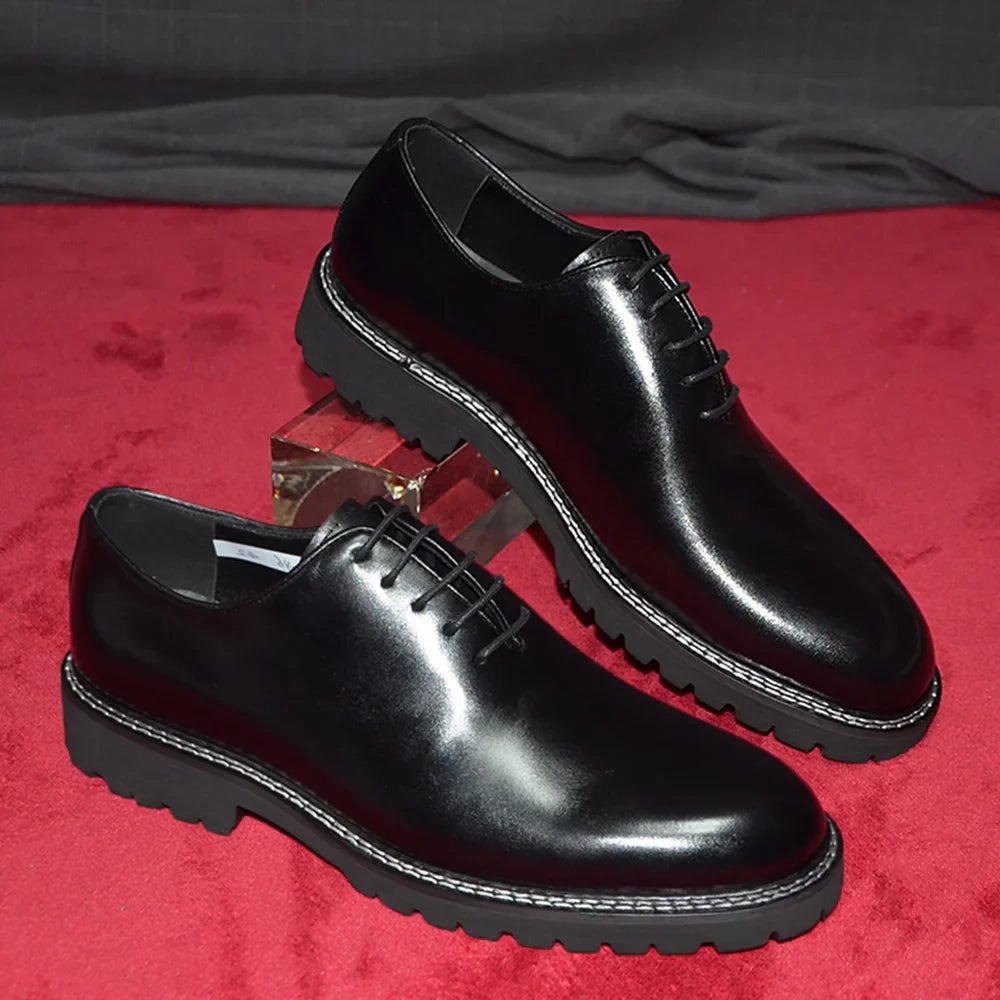 Elegant Black Men's Dress Shoes | Genuine Natural Whole Leather Oxfords (Height Increasing, Breathable) - Luzilly Bridal & Apparel