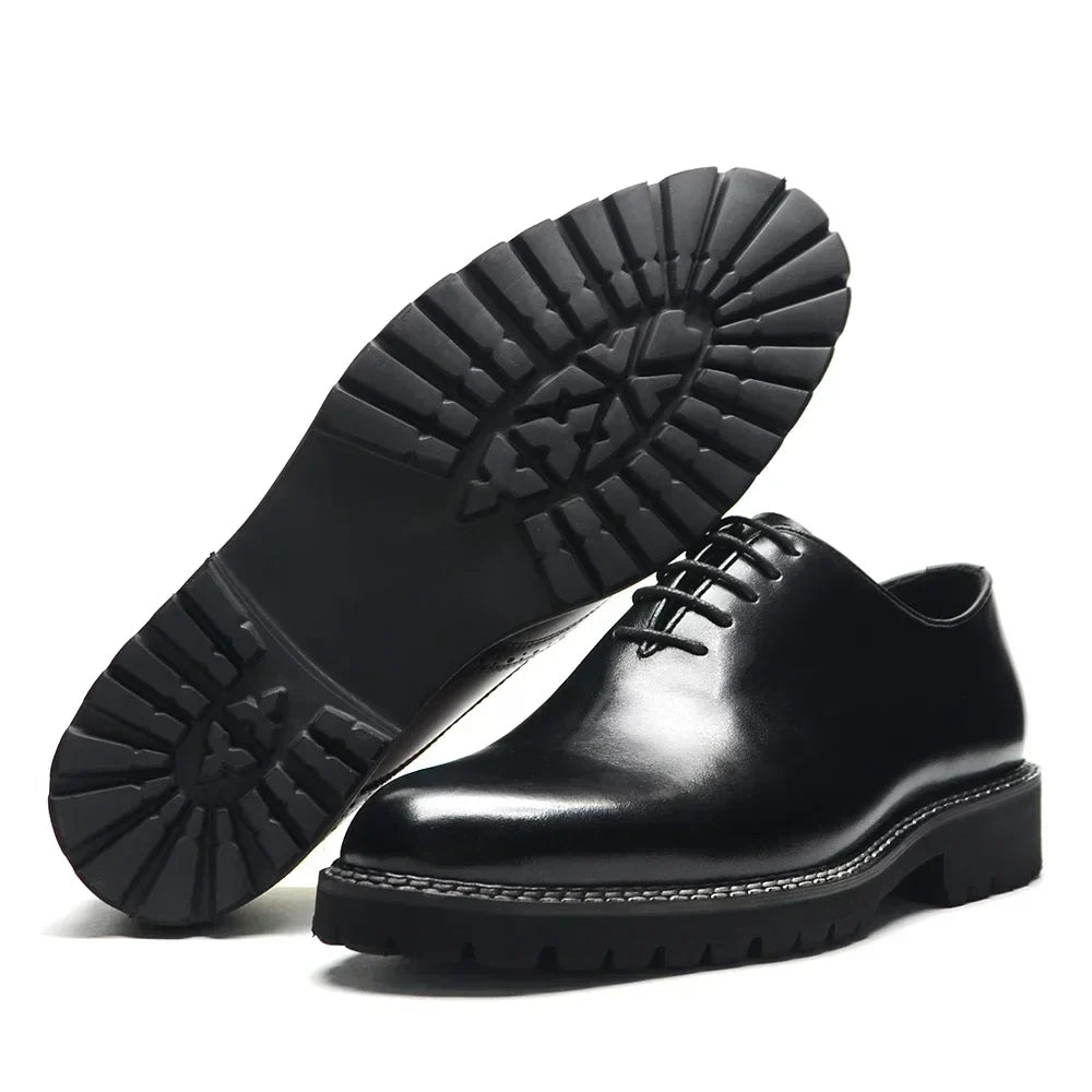 Elegant Black Men's Dress Shoes | Genuine Natural Whole Leather Oxfords (Height Increasing, Breathable) - Luzilly Bridal & Apparel
