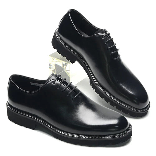 Elegant Black Men's Dress Shoes | Genuine Natural Whole Leather Oxfords (Height Increasing, Breathable) - Luzilly Bridal & Apparel