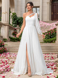 Elegant Chiffon One-Shoulder Sleeve Dress for Evening Wedding Bridal Party Bridesmaid Gown - Luzilly Bridal & Apparel
