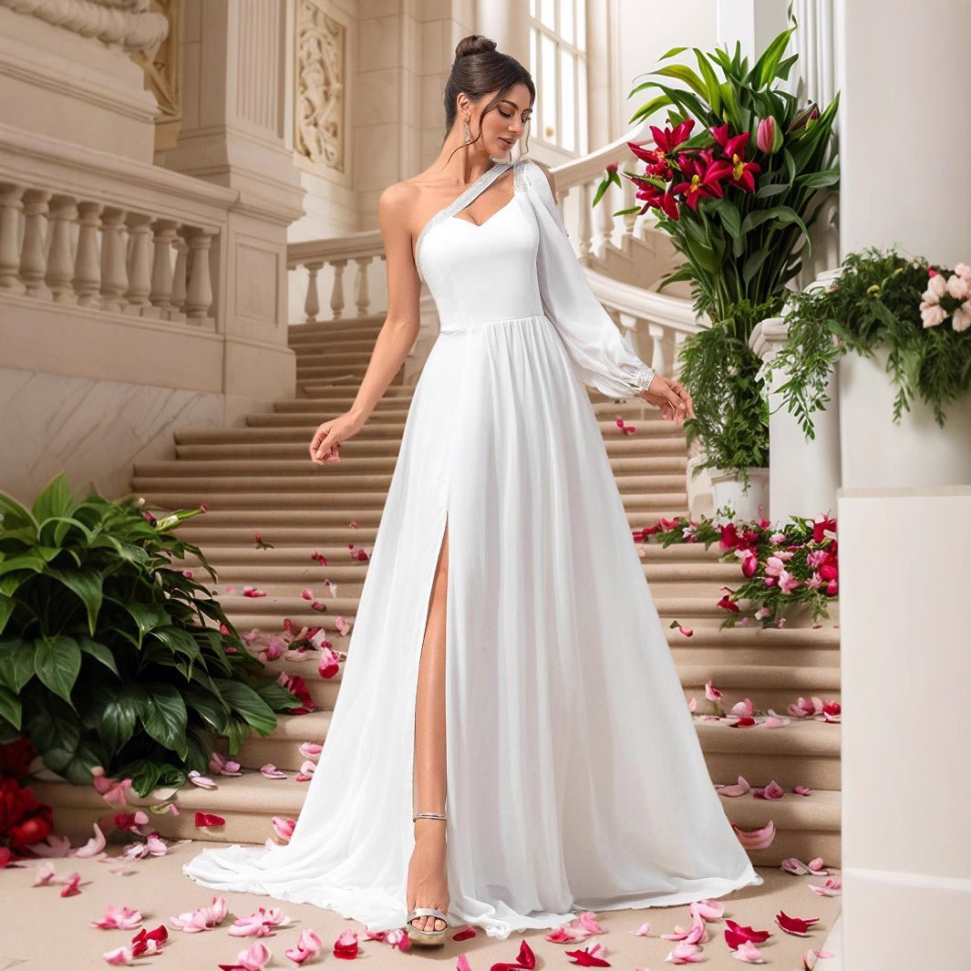 Elegant Chiffon One-Shoulder Sleeve Dress for Evening Wedding Bridal Party Bridesmaid Gown - Luzilly Bridal & Apparel