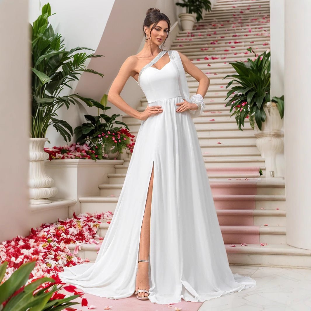 Elegant Chiffon One-Shoulder Sleeve Dress for Evening Wedding Bridal Party Bridesmaid Gown - Luzilly Bridal & Apparel