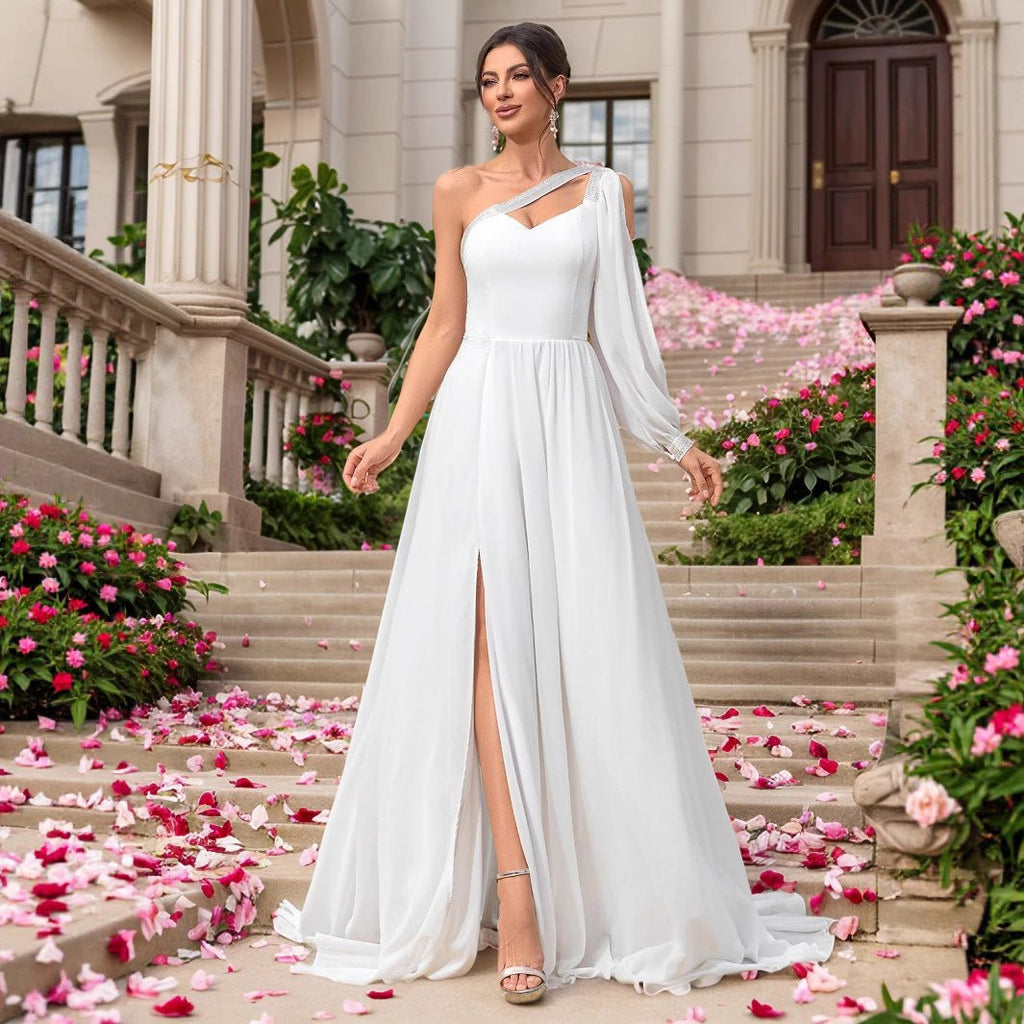 Elegant Chiffon One-Shoulder Sleeve Dress for Evening Wedding Bridal Party Bridesmaid Gown - Luzilly Bridal & Apparel