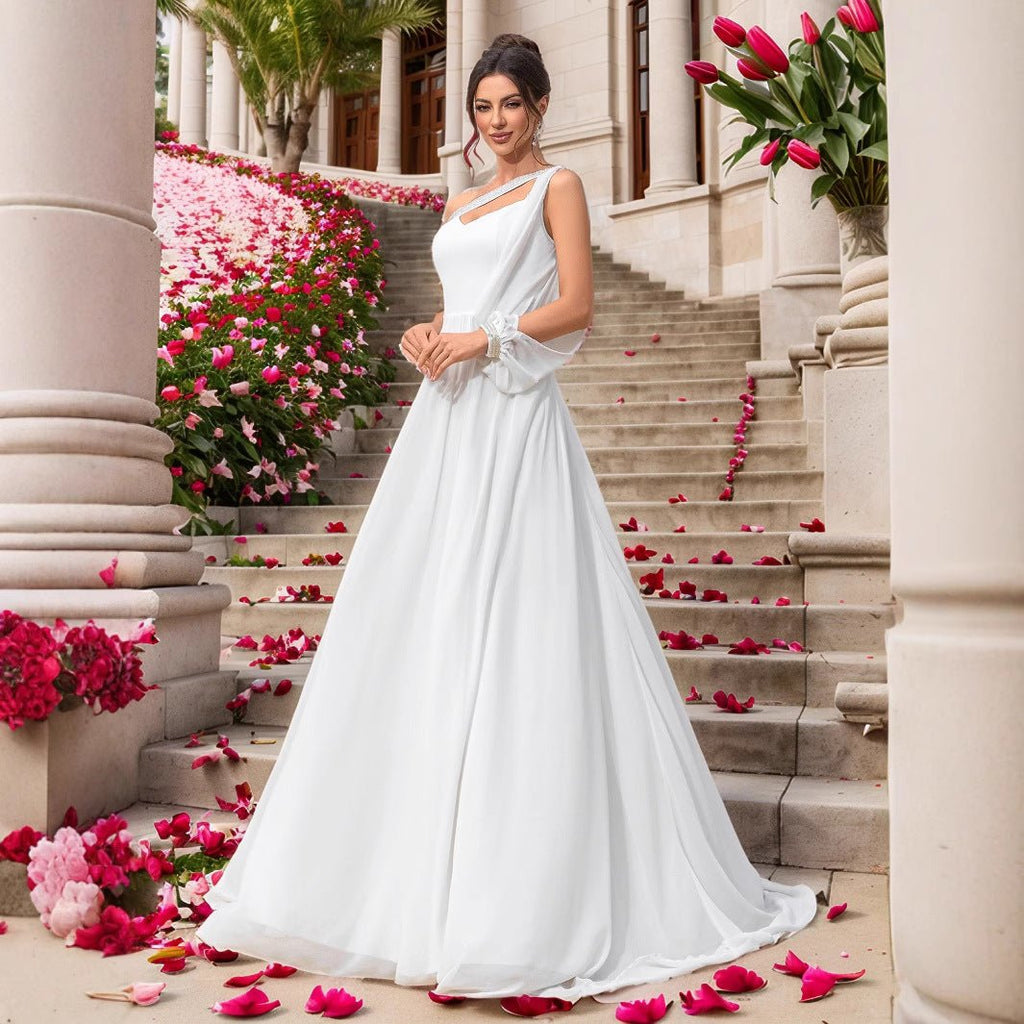 Elegant Chiffon One-Shoulder Sleeve Dress for Evening Wedding Bridal Party Bridesmaid Gown - Luzilly Bridal & Apparel