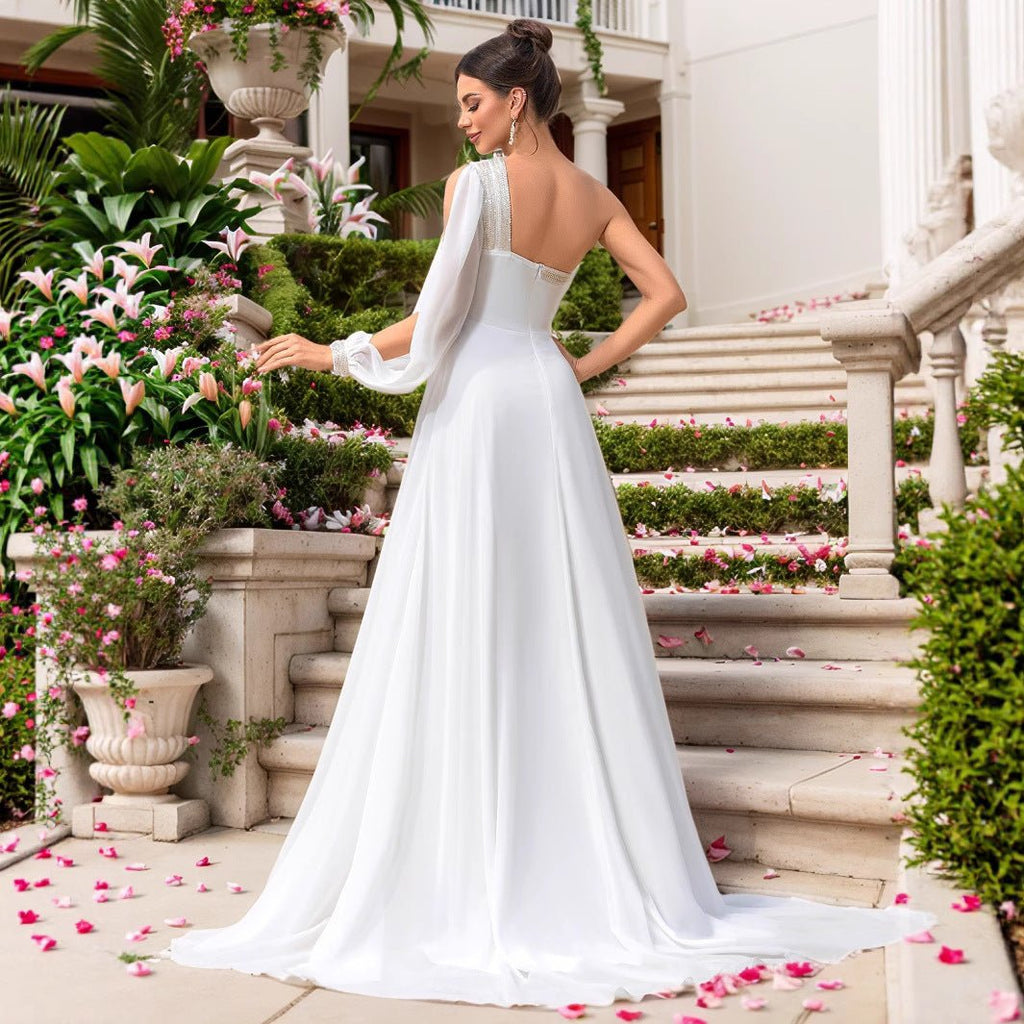 Elegant Chiffon One-Shoulder Sleeve Dress for Evening Wedding Bridal Party Bridesmaid Gown - Luzilly Bridal & Apparel