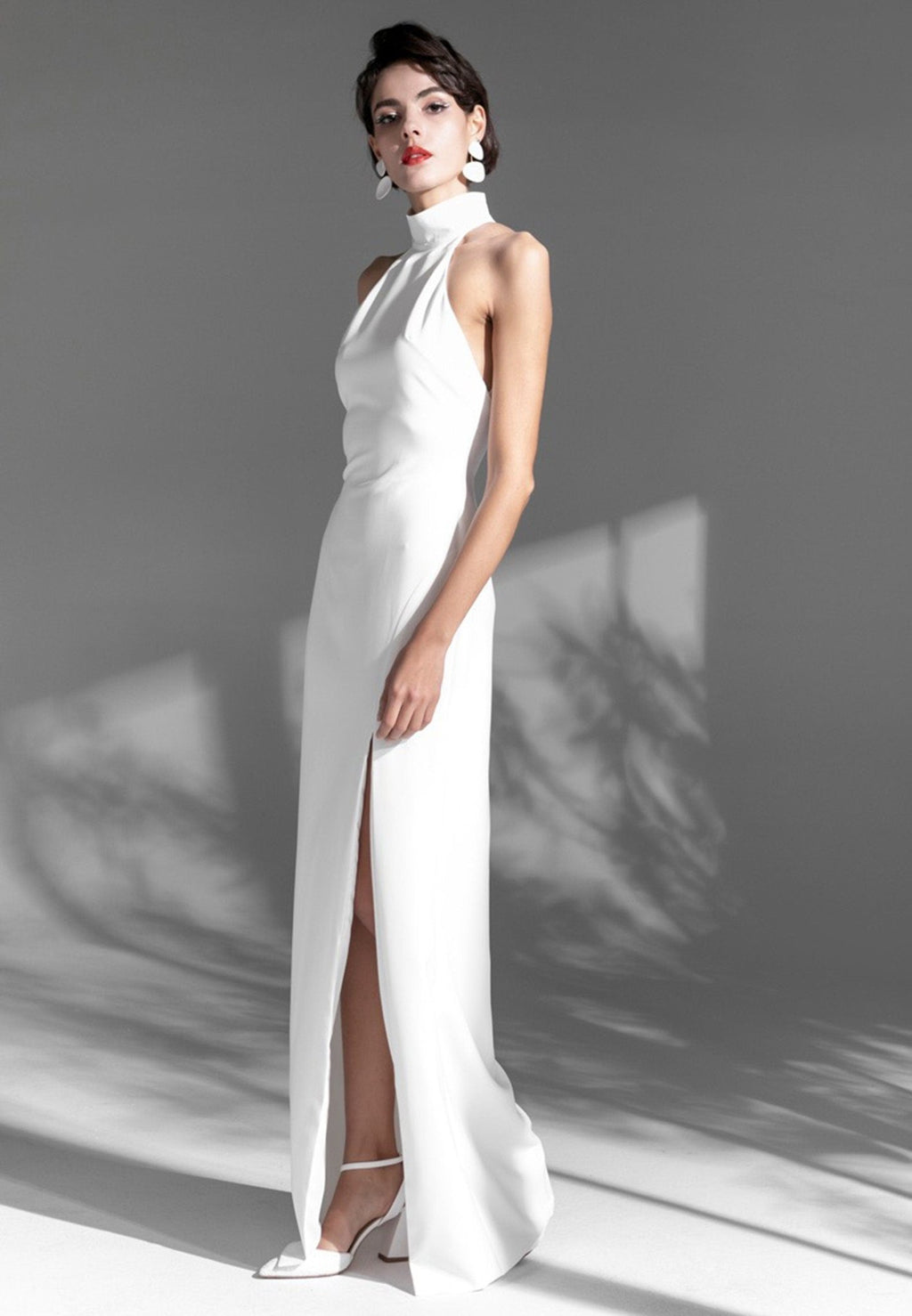 Elegant Haltered Hallowed Back Satin wedding dress thigh Split mini wedding dress - Luzilly Bridal & Apparel