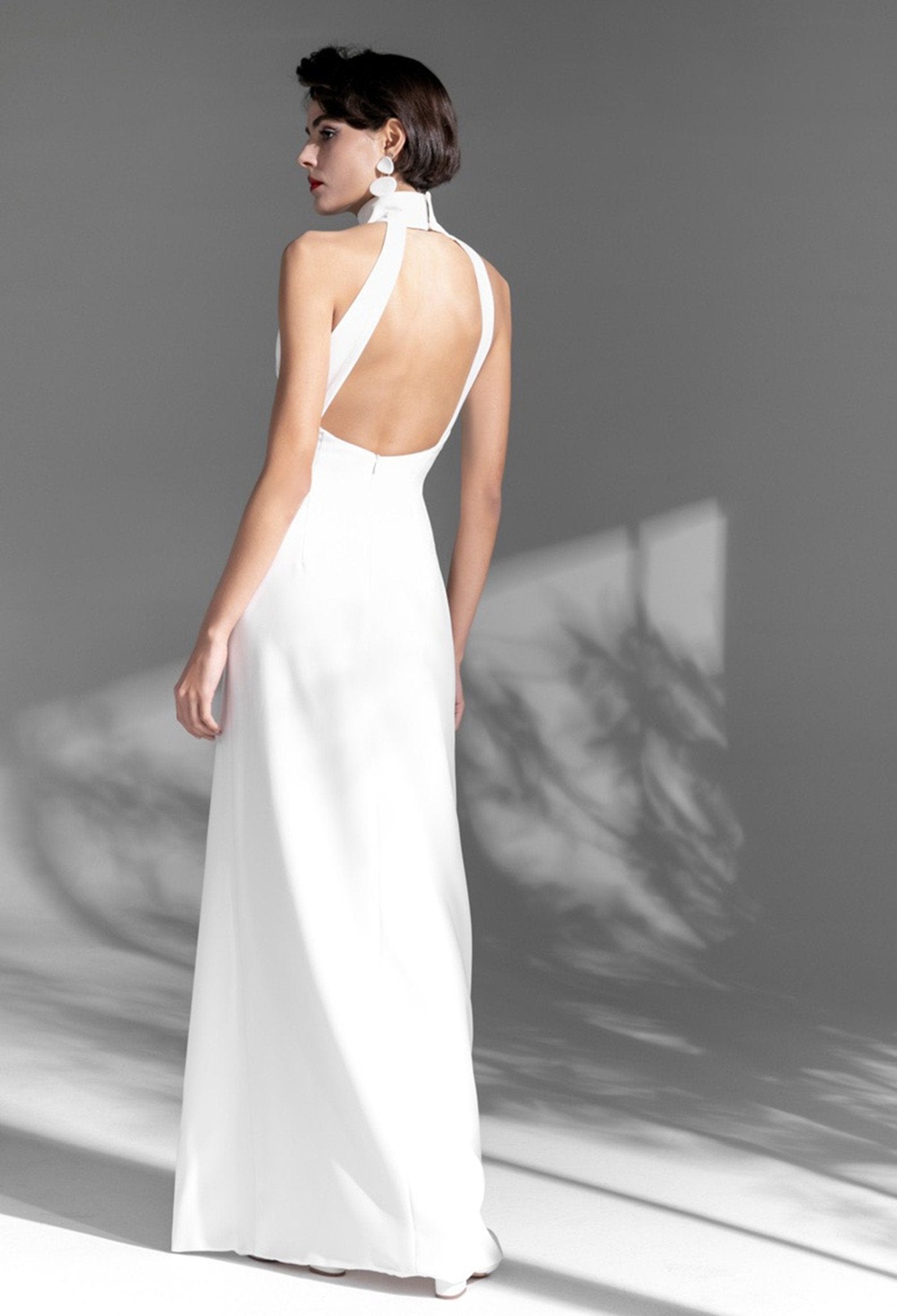 Elegant Haltered Hallowed Back Satin wedding dress thigh Split mini wedding dress - Luzilly Bridal & Apparel