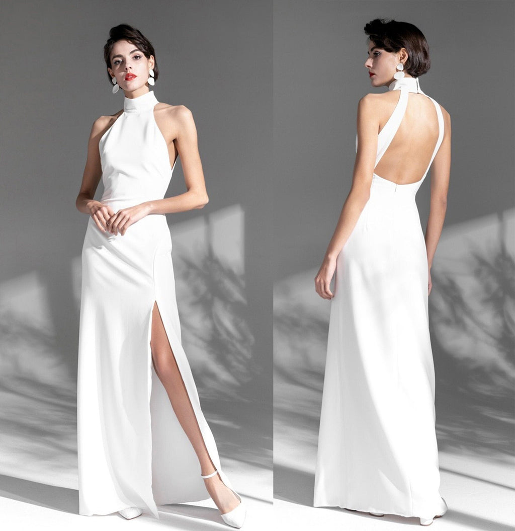 Elegant Haltered Hallowed Back Satin wedding dress thigh Split mini wedding dress - Luzilly Bridal & Apparel