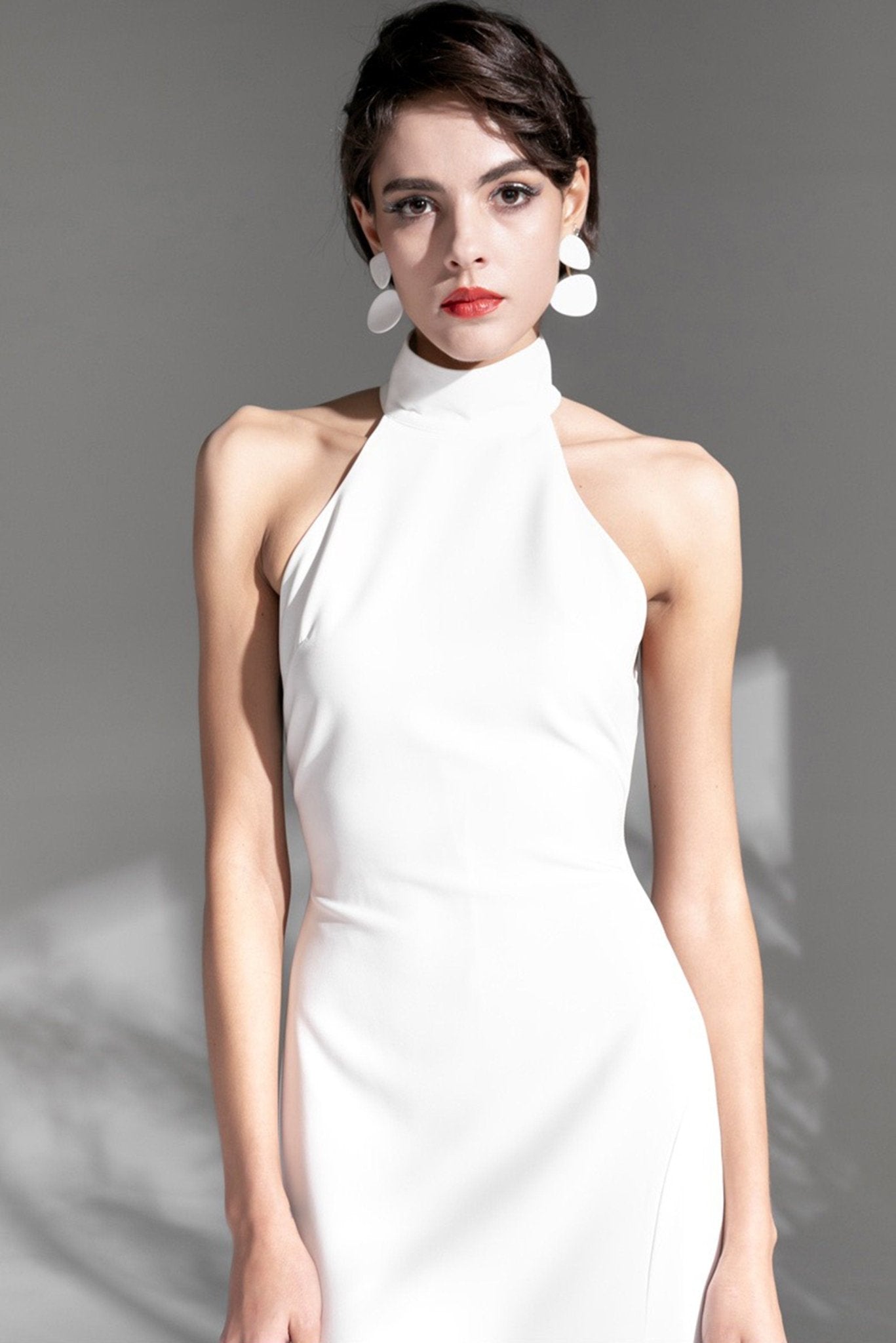 Elegant Haltered Hallowed Back Satin wedding dress thigh Split mini wedding dress - Luzilly Bridal & Apparel