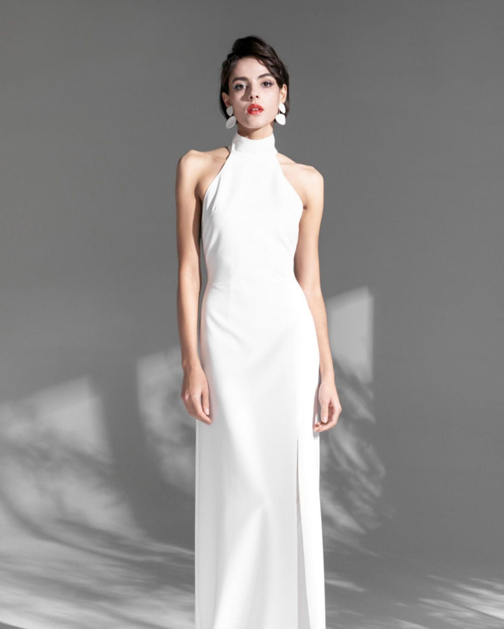 Elegant Haltered Hallowed Back Satin wedding dress thigh Split mini wedding dress - Luzilly Bridal & Apparel