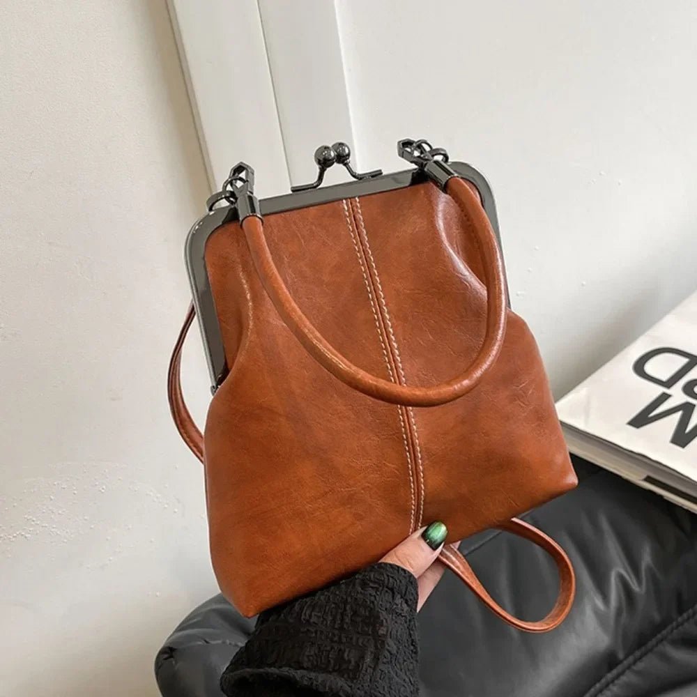Elegant Kiss Lock Shoulder Bag | Large Capacity Retro Chinese Style Crossbody Bag & PU Leather Solid Color Vintage Women's Handbag - Luzilly Bridal & Apparel