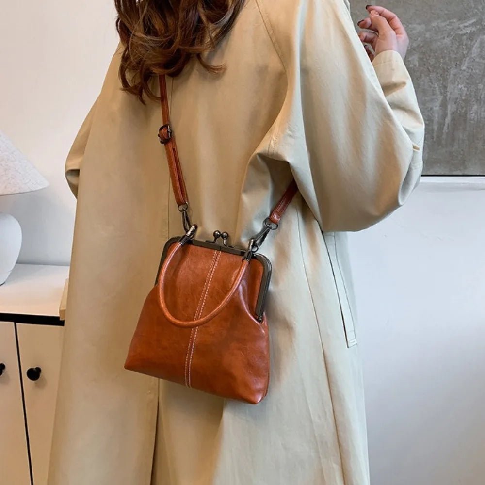 Elegant Kiss Lock Shoulder Bag | Large Capacity Retro Chinese Style Crossbody Bag & PU Leather Solid Color Vintage Women's Handbag - Luzilly Bridal & Apparel