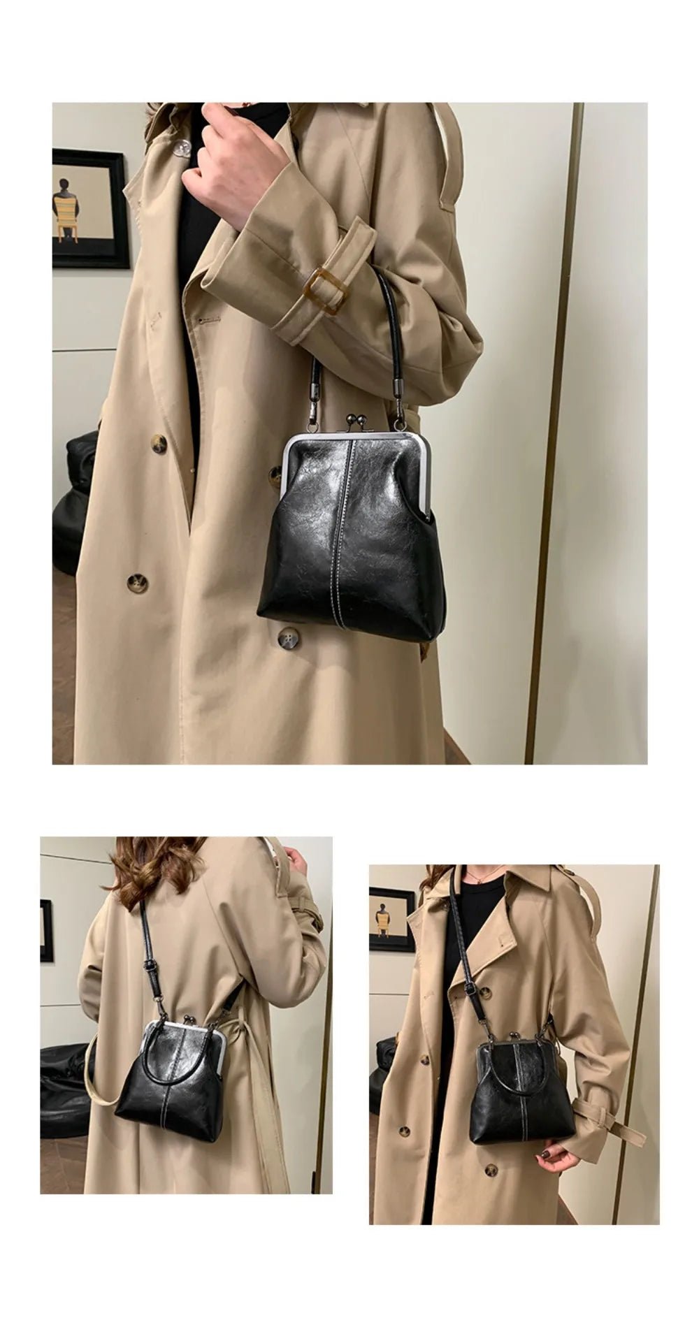 Elegant Kiss Lock Shoulder Bag | Large Capacity Retro Chinese Style Crossbody Bag & PU Leather Solid Color Vintage Women's Handbag - Luzilly Bridal & Apparel