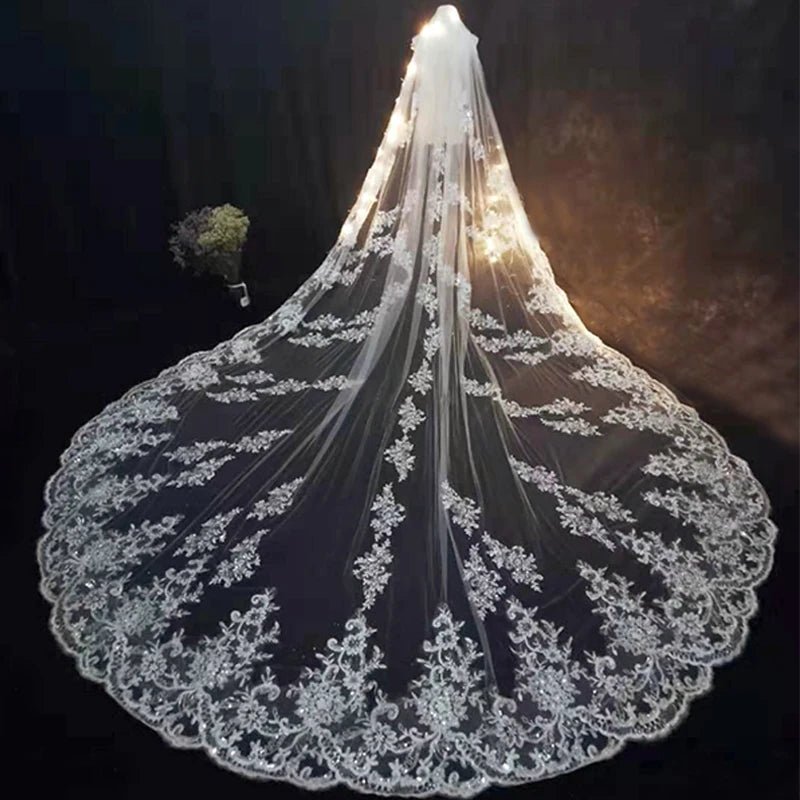 Elegant Lace Appliqué Cathedral-Length Wedding Veil - Luzilly Bridal & Apparel