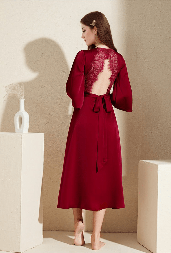 Elegant Lace Keyhole Open Back Soft Satin Robe with Slit - 4 Colors - Luzilly Bridal & Apparel