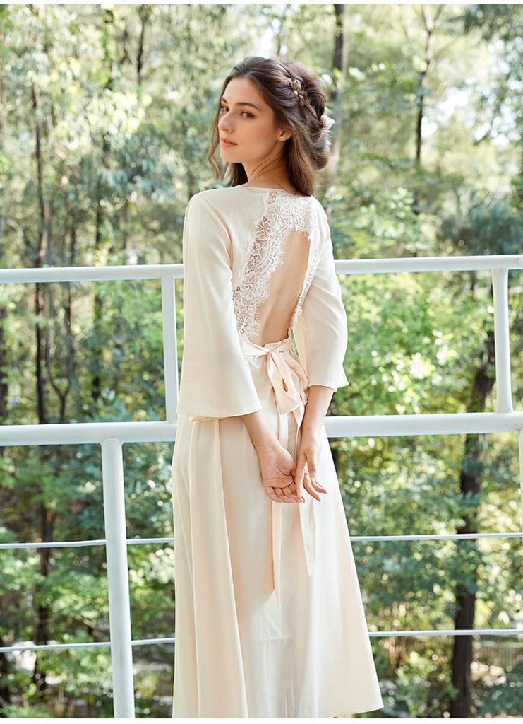 Elegant Lace Keyhole Open Back Soft Satin Robe with Slit - 4 Colors - Luzilly Bridal & Apparel