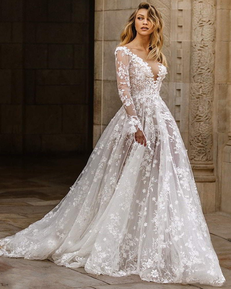 Elegant Lace Long Sleeve Evening Dress for Women, Sexy Formal Gown Wedding Dress, Party Dress - Luzilly Bridal & Apparel