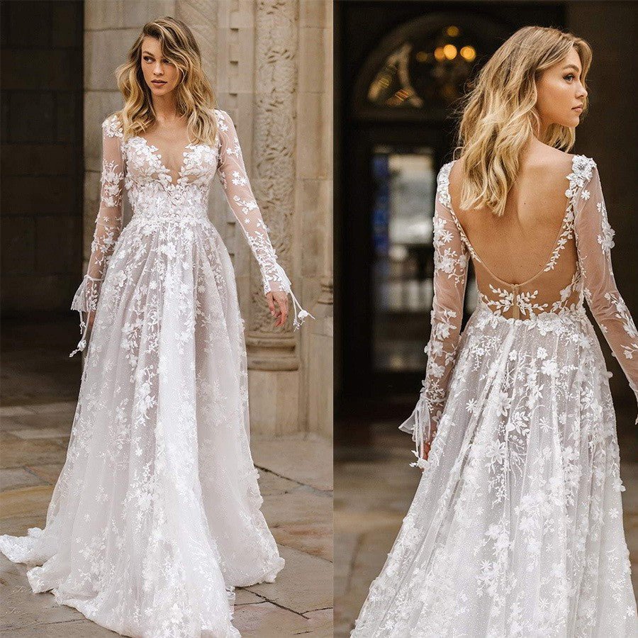 Elegant Lace Long Sleeve Evening Dress for Women, Sexy Formal Gown Wedding Dress, Party Dress - Luzilly Bridal & Apparel
