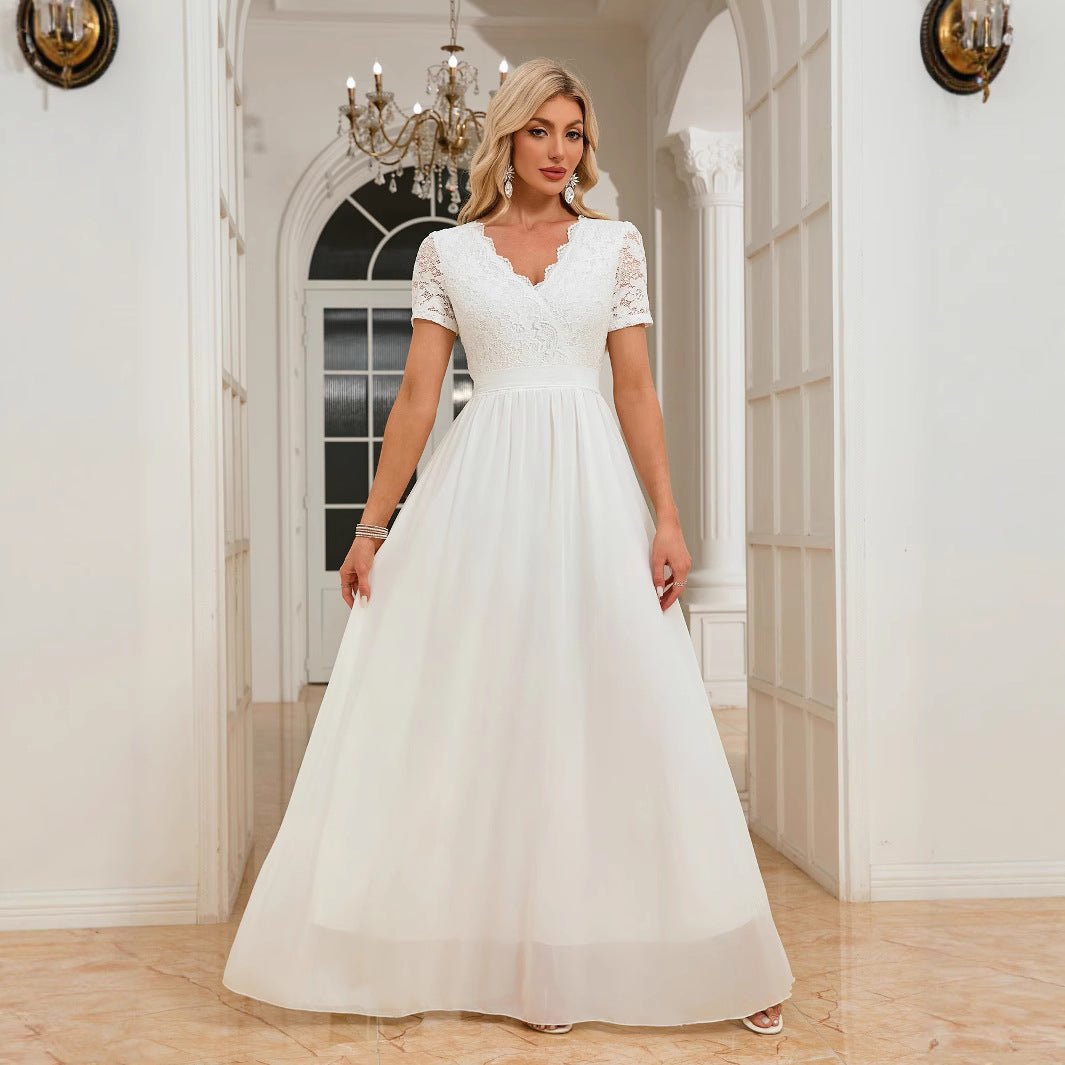 Elegant Lace Trim Spliced Chiffon Fitted Long V-Neck Dress Wedding Gown Evening Dress - Luzilly Bridal & Apparel