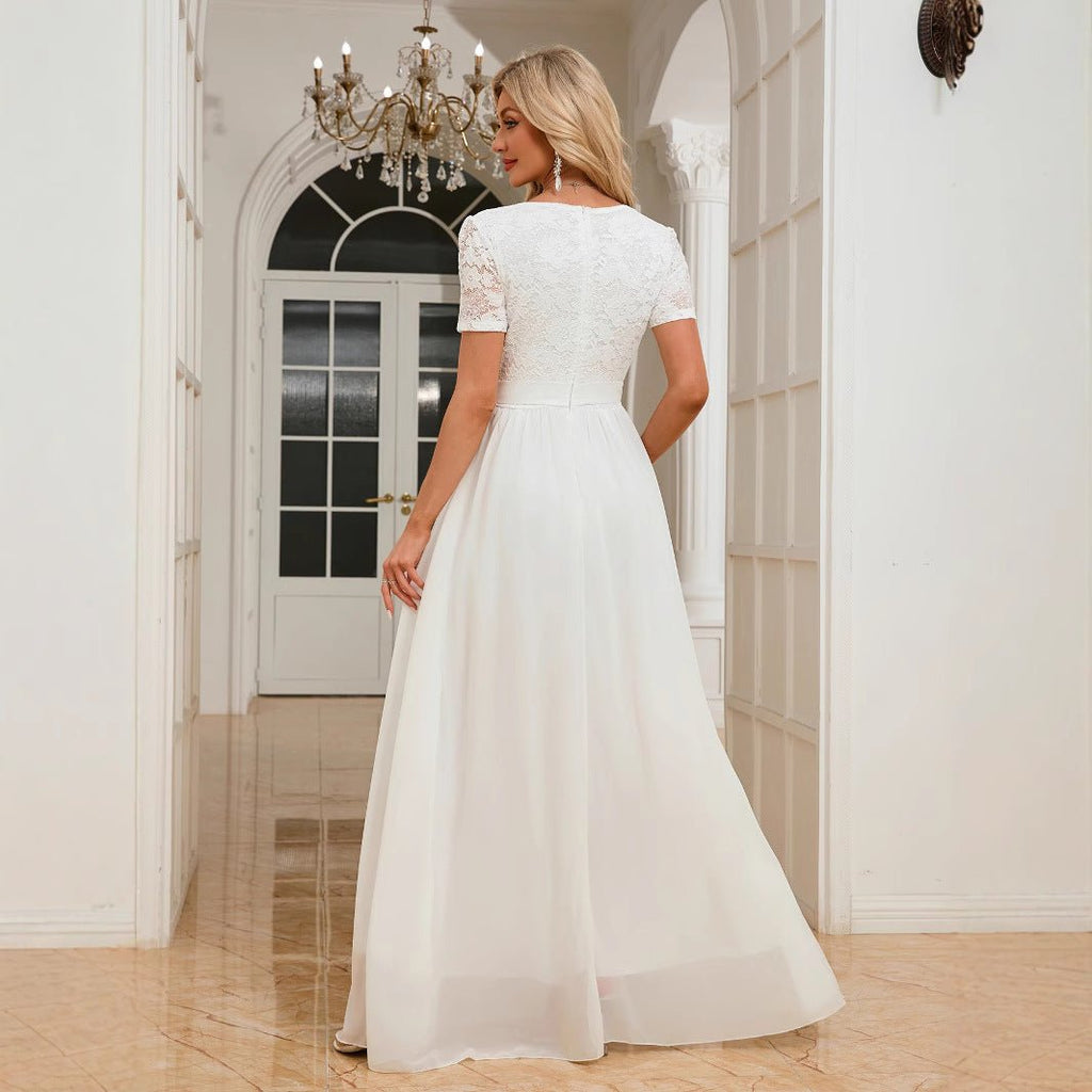 Elegant Lace Trim Spliced Chiffon Fitted Long V-Neck Dress Wedding Gown Evening Dress - Luzilly Bridal & Apparel