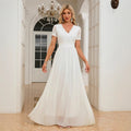Elegant Lace Trim Spliced Chiffon Fitted Long V-Neck Dress Wedding Gown Evening Dress - Luzilly Bridal & Apparel