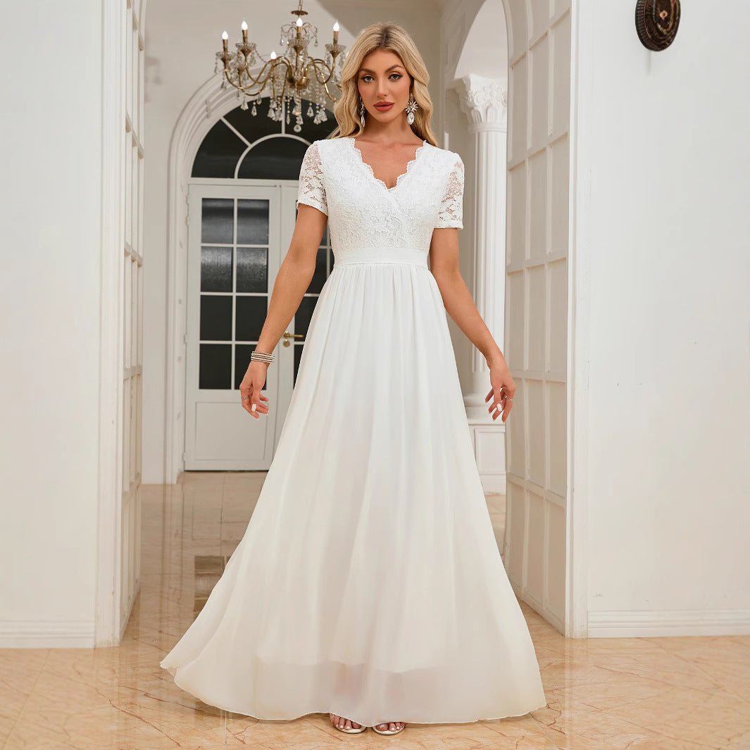 Elegant Lace Trim Spliced Chiffon Fitted Long V-Neck Dress Wedding Gown Evening Dress - Luzilly Bridal & Apparel