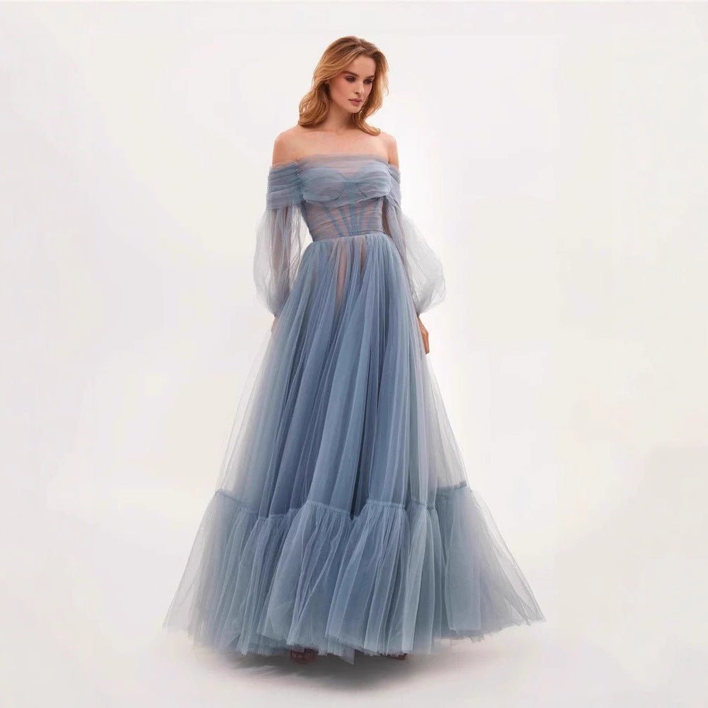 Elegant Long Sleeve One Shoulder Tulle Dress Women's Wedding Gown Evening Dress - Luzilly Bridal & Apparel