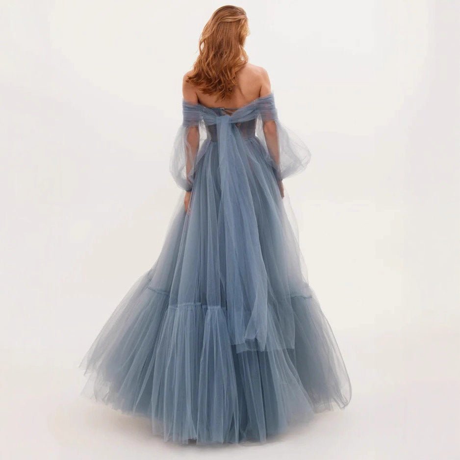 Elegant Long Sleeve One Shoulder Tulle Dress Women's Wedding Gown Evening Dress - Luzilly Bridal & Apparel