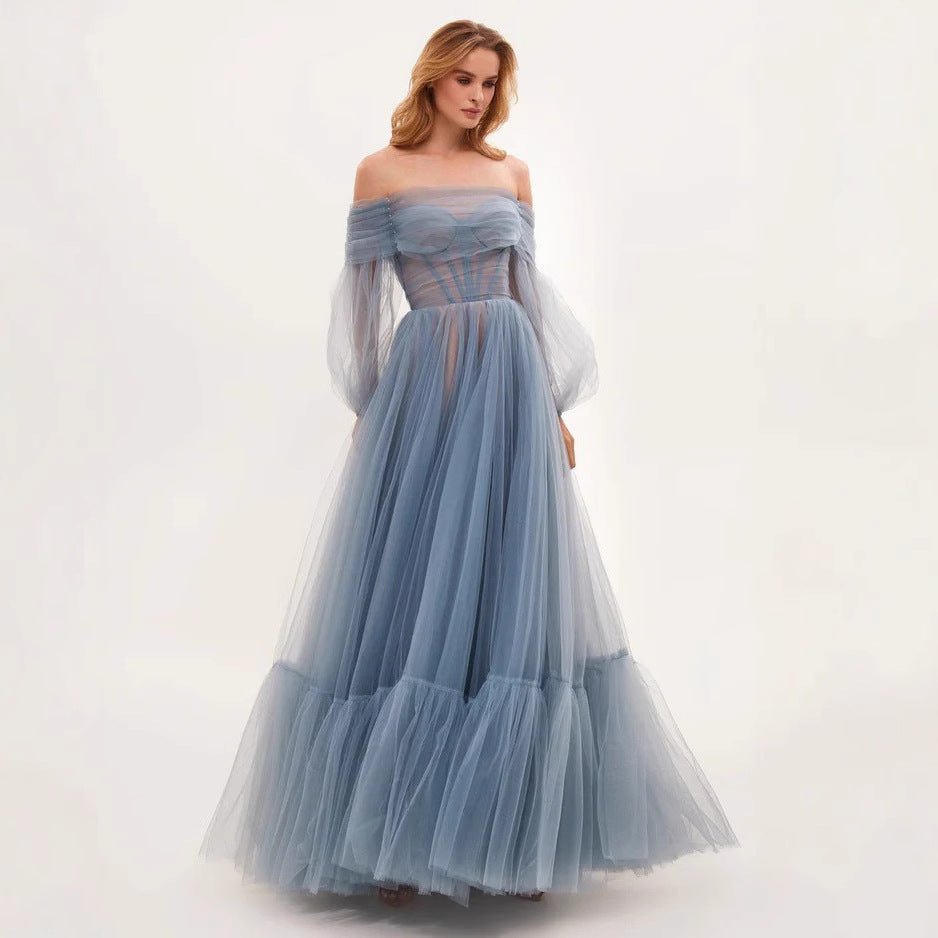 Elegant Long Sleeve One Shoulder Tulle Dress Women's Wedding Gown Evening Dress - Luzilly Bridal & Apparel