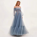 Elegant Long Sleeve One Shoulder Tulle Dress Women's Wedding Gown Evening Dress - Luzilly Bridal & Apparel