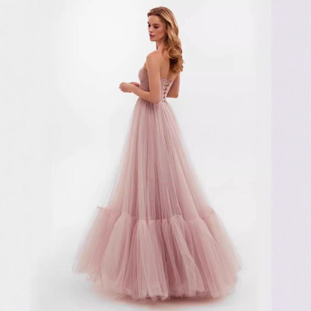 Elegant Long Sleeve One Shoulder Tulle Dress Women's Wedding Gown Evening Dress - Luzilly Bridal & Apparel