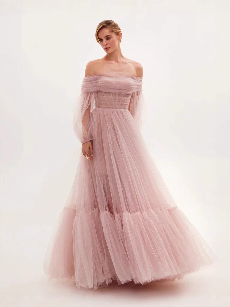 Elegant Long Sleeve One Shoulder Tulle Dress Women's Wedding Gown Evening Dress - Luzilly Bridal & Apparel