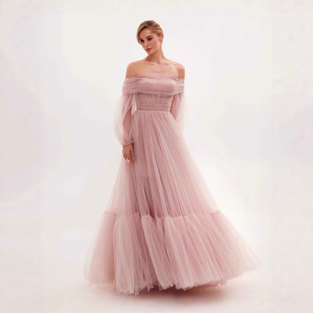 Elegant Long Sleeve One Shoulder Tulle Dress Women's Wedding Gown Evening Dress - Luzilly Bridal & Apparel