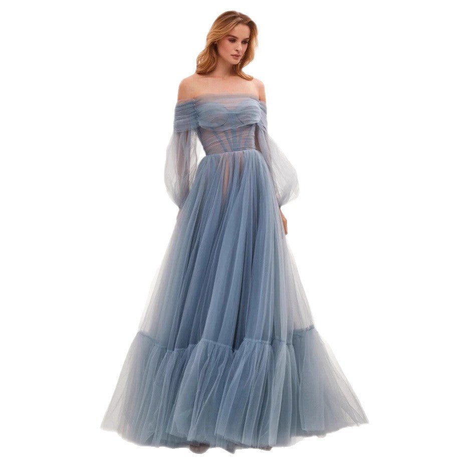 Elegant Long Sleeve One Shoulder Tulle Dress Women's Wedding Gown Evening Dress - Luzilly Bridal & Apparel