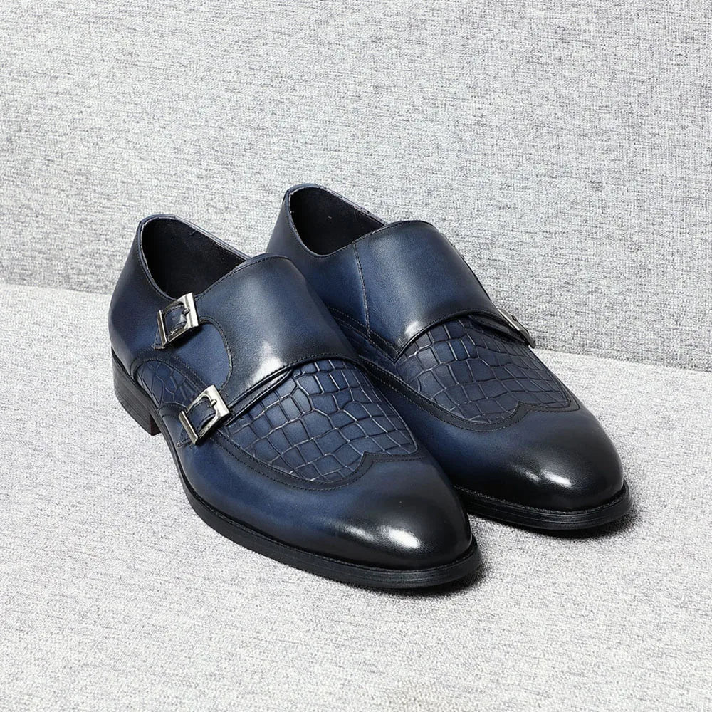Elegant Men's Genuine Leather Monk Strap Shoes | Stone Pattern Print Double Buckle & Cap Toe (Business, Party, Social) - Luzilly Bridal & Apparel