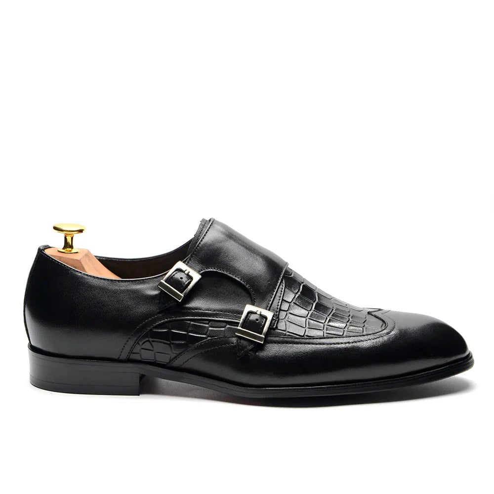 Elegant Men's Genuine Leather Monk Strap Shoes | Stone Pattern Print Double Buckle & Cap Toe (Business, Party, Social) - Luzilly Bridal & Apparel