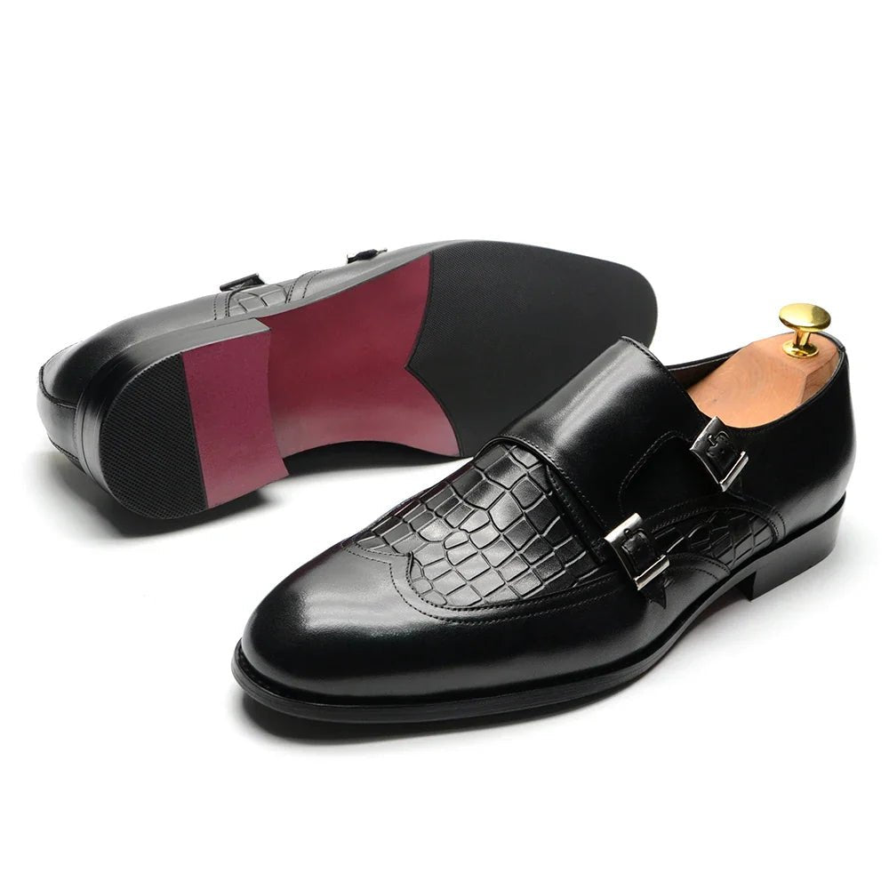 Elegant Men's Genuine Leather Monk Strap Shoes | Stone Pattern Print Double Buckle & Cap Toe (Business, Party, Social) - Luzilly Bridal & Apparel
