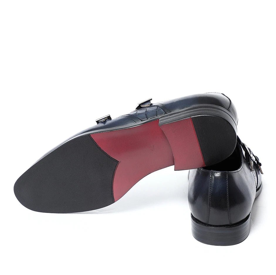 Elegant Men's Genuine Leather Monk Strap Shoes | Stone Pattern Print Double Buckle & Cap Toe (Business, Party, Social) - Luzilly Bridal & Apparel