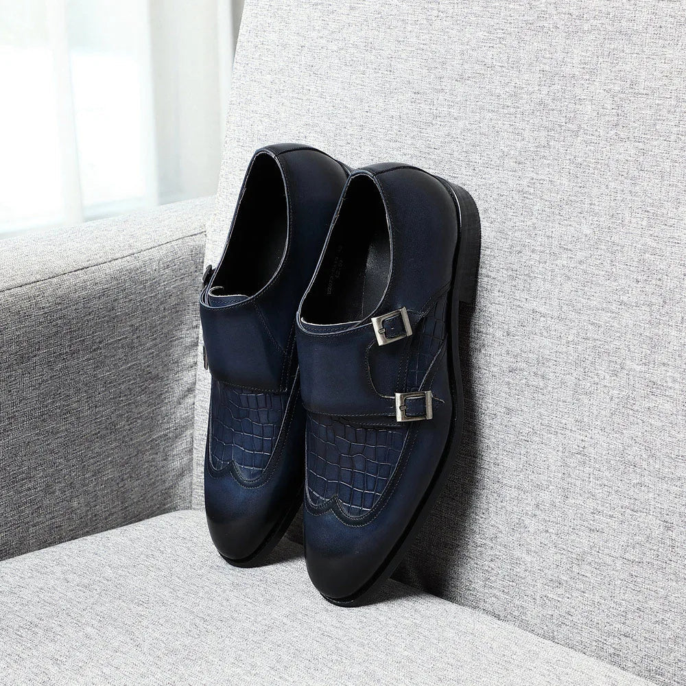 Elegant Men's Genuine Leather Monk Strap Shoes | Stone Pattern Print Double Buckle & Cap Toe (Business, Party, Social) - Luzilly Bridal & Apparel