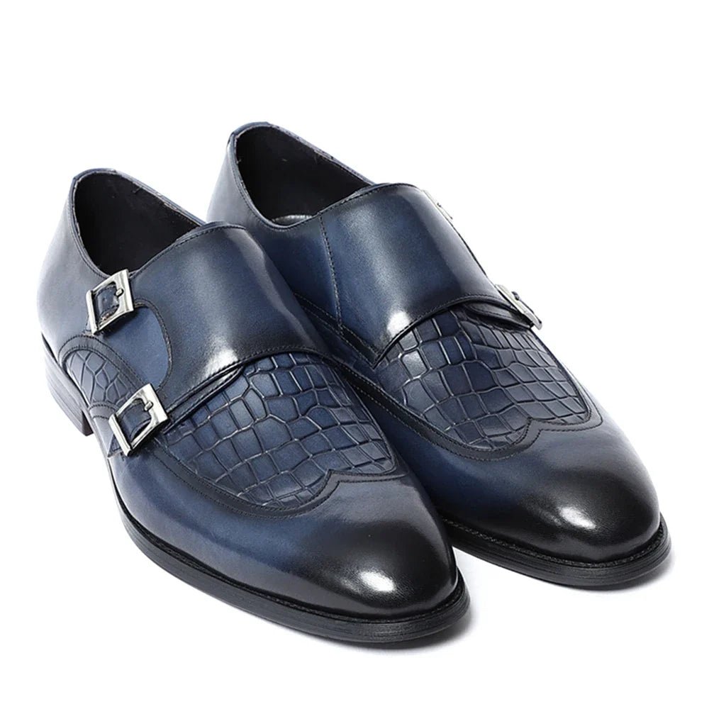 Elegant Men's Genuine Leather Monk Strap Shoes | Stone Pattern Print Double Buckle & Cap Toe (Business, Party, Social) - Luzilly Bridal & Apparel