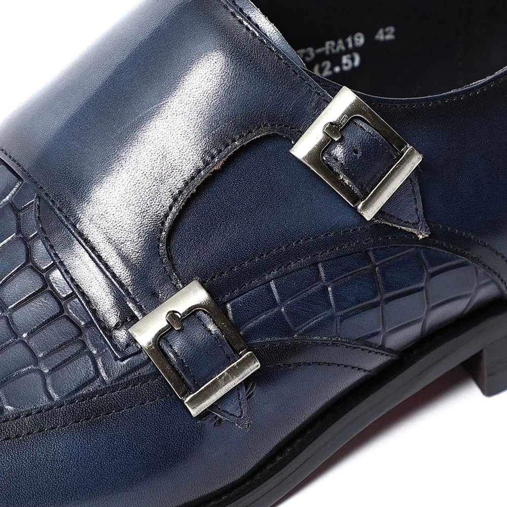 Elegant Men's Genuine Leather Monk Strap Shoes | Stone Pattern Print Double Buckle & Cap Toe (Business, Party, Social) - Luzilly Bridal & Apparel