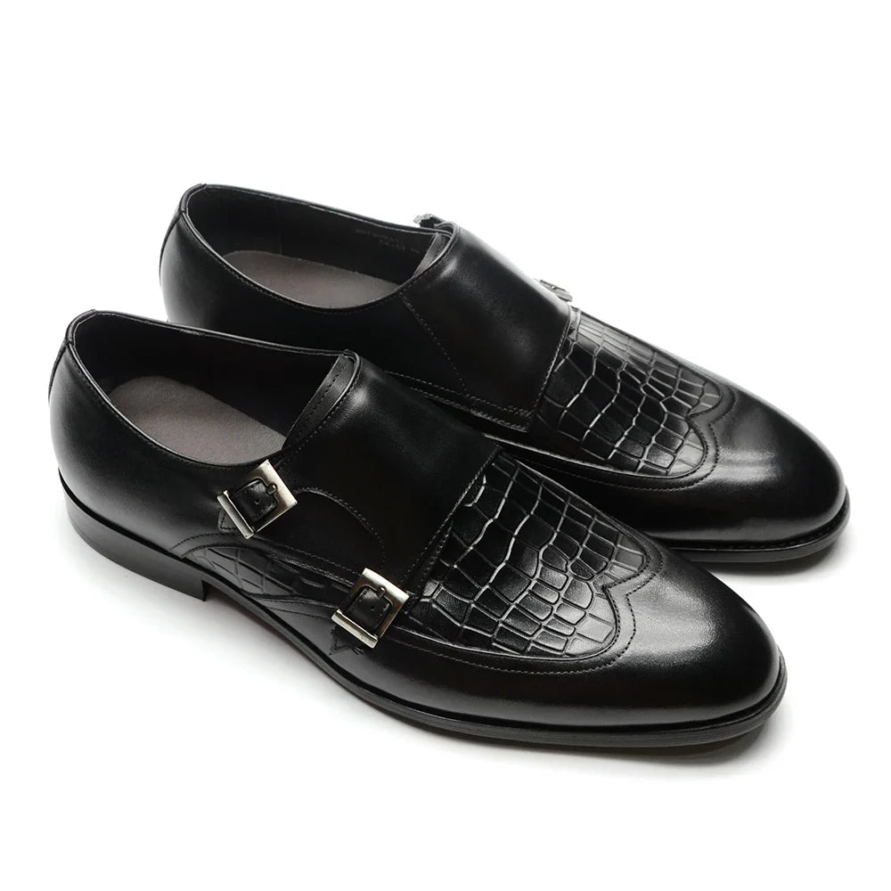 Elegant Men's Genuine Leather Monk Strap Shoes | Stone Pattern Print Double Buckle & Cap Toe (Business, Party, Social) - Luzilly Bridal & Apparel
