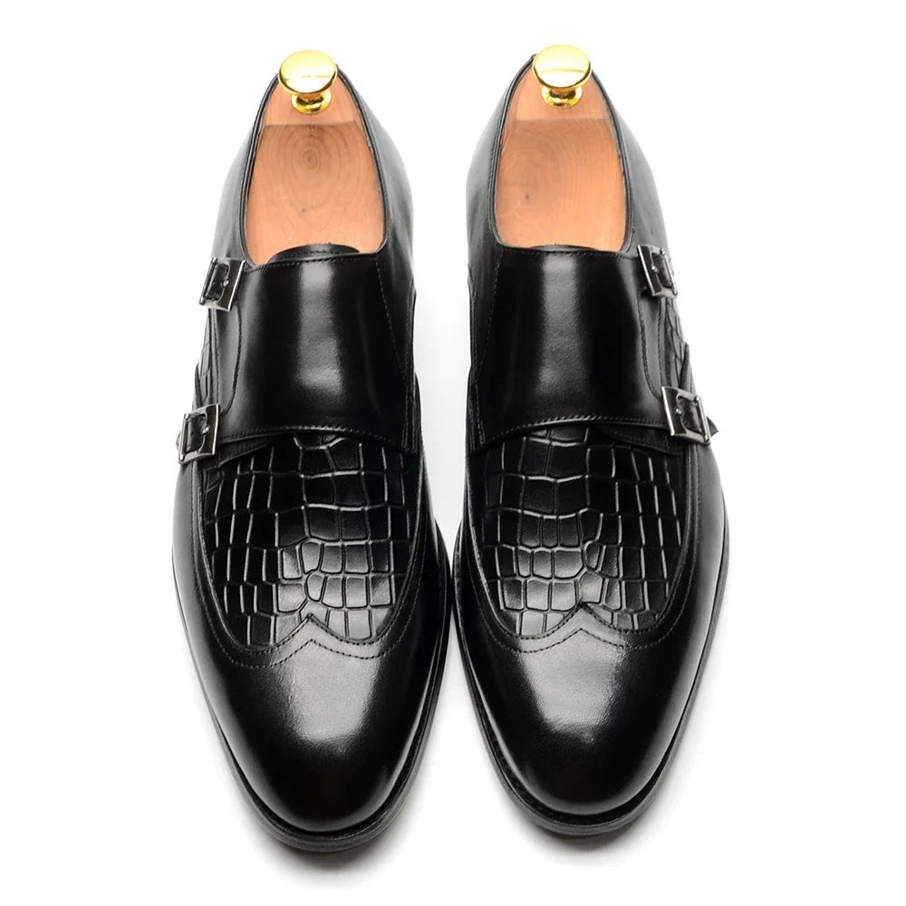 Elegant Men's Genuine Leather Monk Strap Shoes | Stone Pattern Print Double Buckle & Cap Toe (Business, Party, Social) - Luzilly Bridal & Apparel
