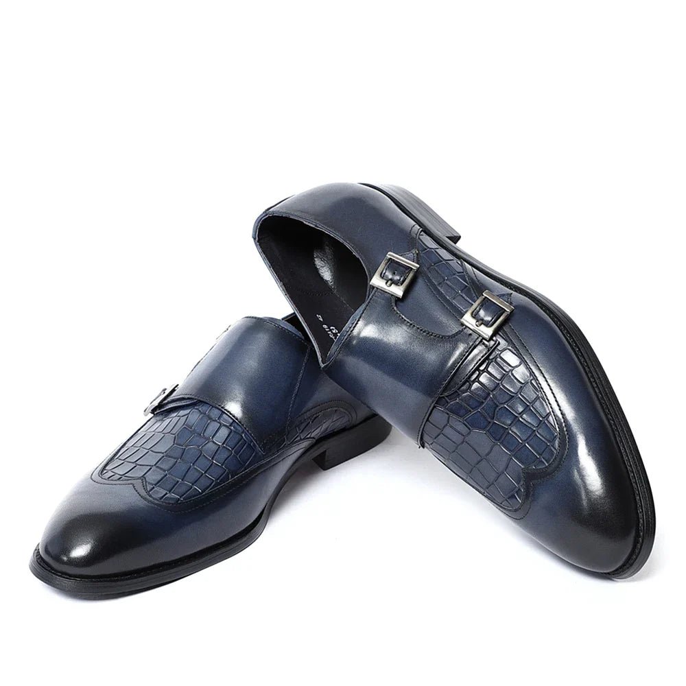 Elegant Men's Genuine Leather Monk Strap Shoes | Stone Pattern Print Double Buckle & Cap Toe (Business, Party, Social) - Luzilly Bridal & Apparel
