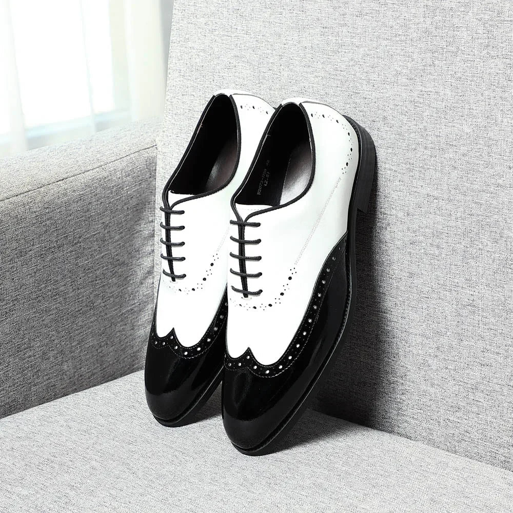 Elegant Men's White & Black Wingtip Brogue Oxfords | Genuine Leather Wedding, Party & Social Dress Shoes - Luzilly Bridal & Apparel