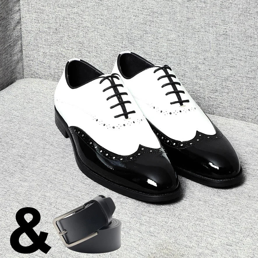 Elegant Men's White & Black Wingtip Brogue Oxfords | Genuine Leather Wedding, Party & Social Dress Shoes - Luzilly Bridal & Apparel